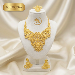 Nigerian Wedding Classic Flower Charm <b>Necklace</b> Jewelry Set with Box Chain Gold Plated Brass <b>Necklace</b> Earrings & <b>Ring</b> - Product Image 1