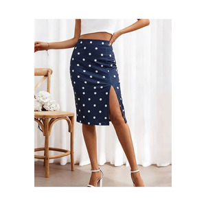 Women's Front Slit Scuba Fabric Midi <b>Skirt</b> 65 Cm Polka Dot Design High Waist Pencil <b>Skirt</b> For <b>Office</b> Or Casual Wear - Product Image 1