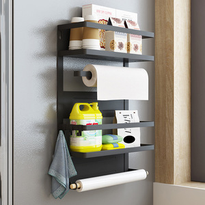 Magnetic Spice Rack Magnetic Shelf with Paper Towel Holder 2 Tier Kitchen Refrigerator Storage Rack Fridge Magnet Organizer