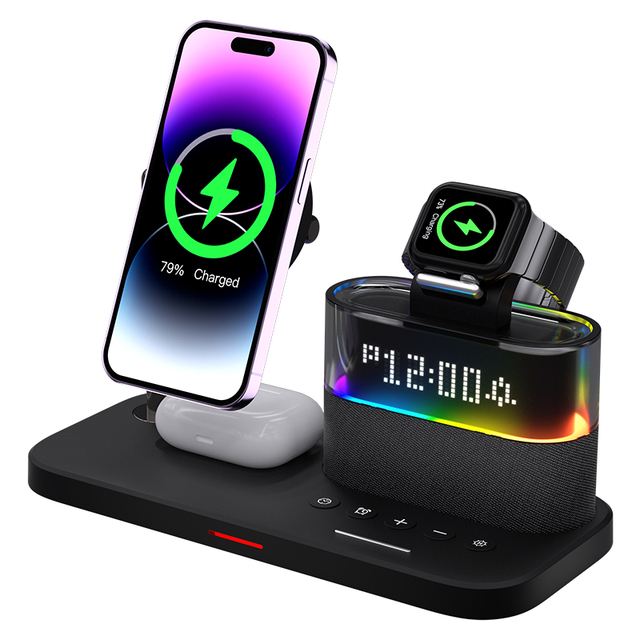 Magnetic 5 In 1 Wireless Charging Station With Digital Clock RGB Light 15W Fast Wireless Charger For iPhone Apple Watch AirPods