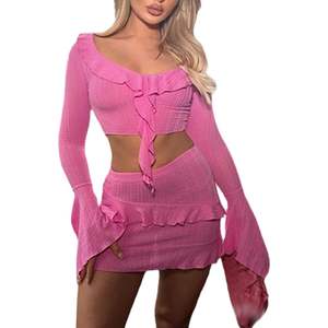 Ensemble 2 pièces personnalisé pour femme 2026 : Haut court à manches longues et mini-jupe à volants – Tenue de club sexy en tricot respirant pour printemps-été - Product Image 6