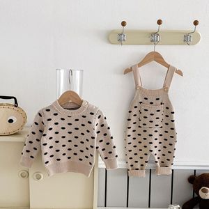 Ensemble tricoté pour bébé 100% coton OEKO <span class=keywords><strong>TEX</strong></span>, pull à manches longues à pois et salopette tricotée, tenue pour nourrisson, ensemble de vêtements pour tout-petit, style coréen - Product Image 6