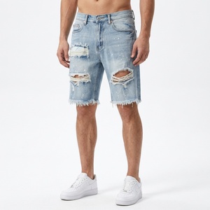 Shorts in Denim Personalizzati Effetto Invecchiato per Uomo, con <span class=keywords><strong>Schizzi</strong></span> <span class=keywords><strong>di</strong></span> Vernice Bianca, Strappi e Orlo Sfrangiato, Stile Streetwear Casual - Product Image 5