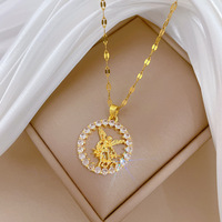 Collar con Colgante de Ángel de Acero Inoxidable con Incrustaciones de Zirconia, Collar con Dije Redondo Hueco, Joyería Elegante para Mujer para Fiestas