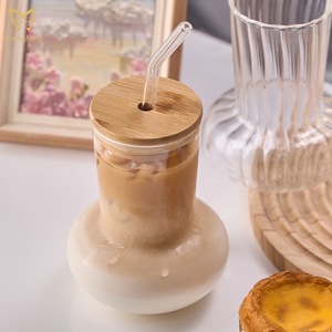 Gobelet à jus en verre transparent au design élégant, verre à rayures avec bouchon en <span class=keywords><strong>bambou</strong></span> pour boissons glacées - Product Image 4