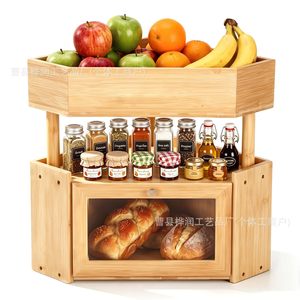 Boîte de rangement pour pain en bambou Huarun, 2 niveaux, organiseur de cuisine en bois pour aliments, assaisonnements, fruits, étagère d'angle de bureau - Product Image 1