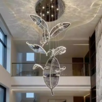 Lustre de villa en acier inoxydable avec 10 feuilles de cristal, hauteur réglable de 3m à 6m, télécommande, gradation infinie, lampe suspendue LED CE//SAA