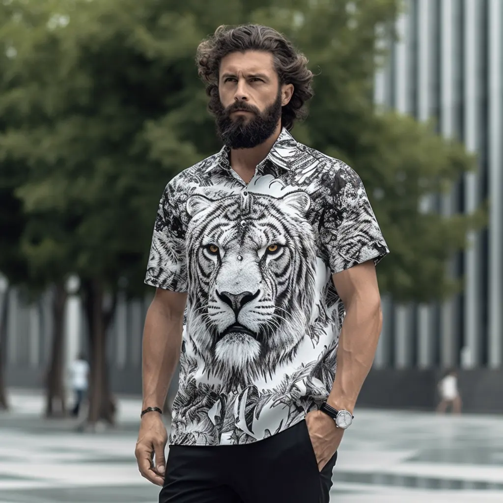 Custom LOGO Lion Printed Men's Shirts 2023 New Fashion Long Sleeve Shirt Plus Size Single Button Turn Down Spring Men Clothing