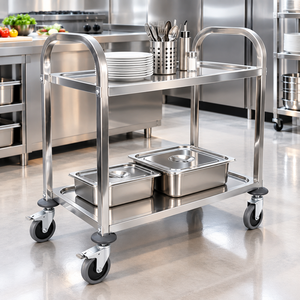 Carrello Portavivande a 2 Ripiani in Acciaio Inox con Ruote Bloccabili, Capacità di Carico 30-50kg, Spessore 0,8mm, per Ristoranti e Hotel - Product Image 2