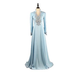 Gaun pesta malam kerah tinggi lengan panjang Muslim elegan grosir gaun Prom berlian imitasi kristal bermanik mewah payet - Product Image 1