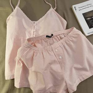 Pigiama Estivo da Donna in Stile Francese Dolce e Femminile, Vestibilità Aderente, a Righe con Scollo a V, Canotta e Pantaloncini Traspiranti, Abbigliamento da Casa Casual, Tinta Unita Plus - Product Image 6