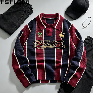 Pull Polo Rayé OEM/ODM Lourd Brodé Style Universitaire Vintage Tricoté Streetwear Vente en Gros - Product Image 5