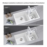 Évier de cuisine double à deux trous en granit quartz moderne à encastrer avec robinet, blanc, épaisseur 3,0-5,0 mm, garantie 1 an
