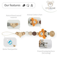 Attache-tétine artisanale en crochet (cerf, lion, lapin, ours, renard, éléphant) avec pochette et boîte – Coffret cadeau en bois pour bébé – Accessoire de chambre d'enfant