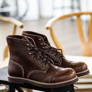 Botas de Hombre de Cuero Genuino Marrón con Cordones, Punta Redonda, Suela de Goma, Zapatos para Caminar para Todas las Temporadas - Product Image 2