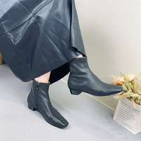 Sepatu Bot Ankle Boots Kulit Sapi Gaya Inggris Baru untuk Wanita, Sepatu Bot Martin Ritsleting Belakang Ujung Persegi Musim Dingin, Sepatu Bot Fashion