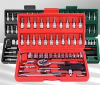 Jeu de douilles métriques à cliquet en acier inoxydable de 46 pièces avec embouts de 1/4 de pouce, tiges d'extension, kit de réparation manuel, étui rigide OEM