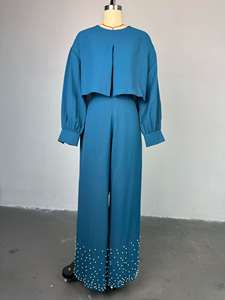 Set da donna Maxi blusa a maniche lunghe con perline pantaloni larghi con perline 2 pezzi Set <span class=keywords><strong>tuta</strong></span> <span class=keywords><strong>elegante</strong></span> Casual due pezzi pantaloni Set - Product Image 2