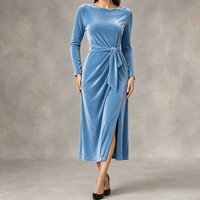 Robe midi en velours pour femme, manches longues, col rond, taille nouée, froncée, fendue, unie, pour soirée formelle, ODM/OEM