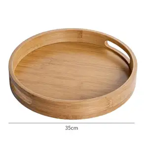 Atacado círculo bandeja de mesa-Bandeja redonda de bambu com alça, bandeja redonda de bambu com 35*35*5cm para mesa de café