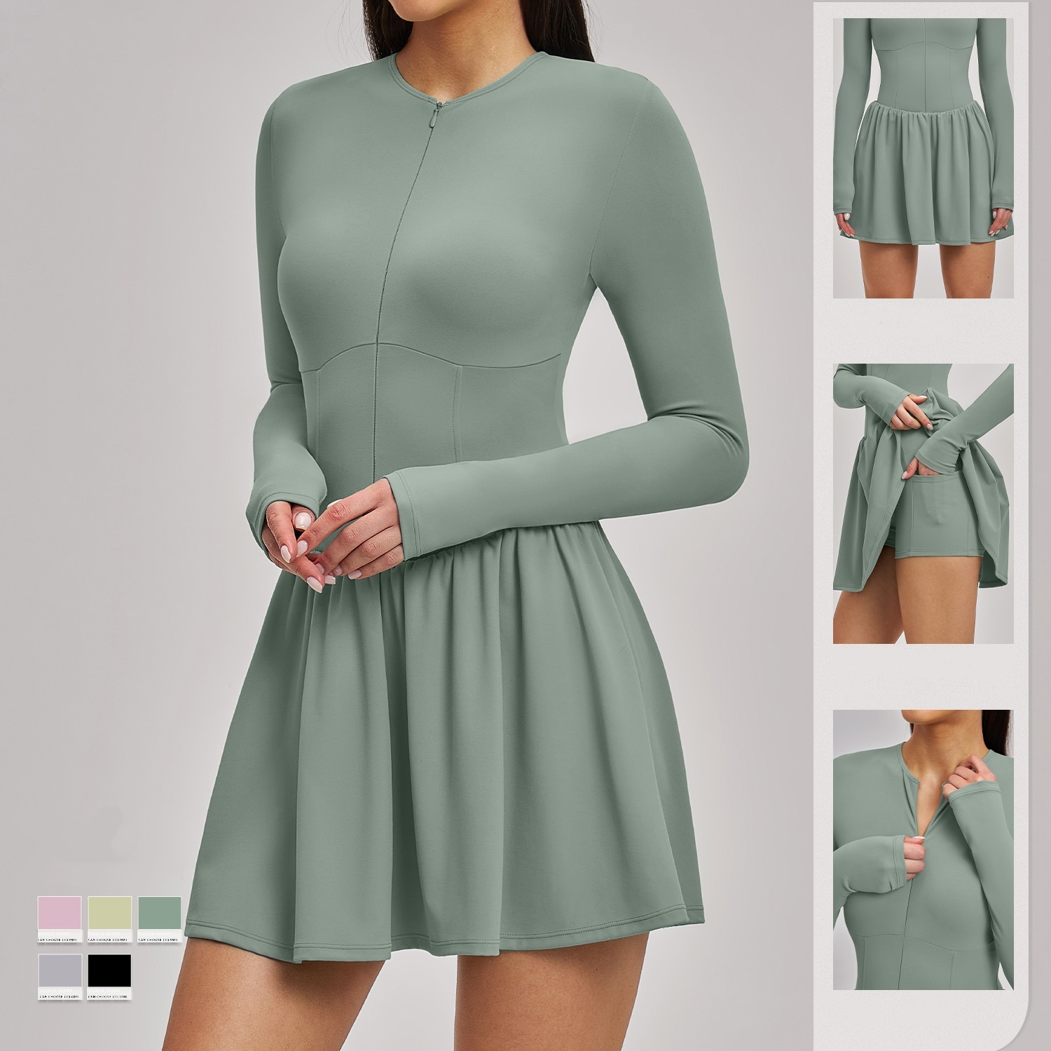 Long Sleeve Tennis Dress High Elastic Yoga Dress Sexy One Piece Gym Dress for Women