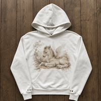Sweat à capuche personnalisé OEM pour homme, en coton épais ivoire, imprimé DTG motif cheval ange, avec clous argentés, style streetwear, fabricant de vêtements sur mesure