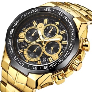 Montre chronographe de sport de luxe pour hommes, bracelet en acier inoxydable doré, lunette tachymètre, montre à quartz décontractée pour affaires - Product Image 1