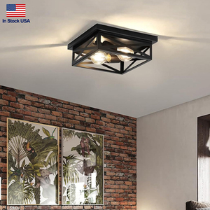 Lampadario Industriale Quadrato a Incasso, Lampada da Soffitto Nera con Gabbia in Ferro Cavo, 2 Portalampade E26, Stile Retrò, Disponibile negli USA - Product Image 1