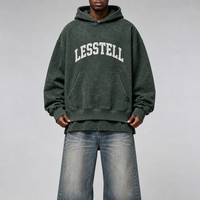 LTD-H1180 Sweat à capuche effet vieilli avec imprimé lettres universitaires, gris anthracite délavé, coupe oversize, poche kangourou, en molleton, vêtement sous marque privée