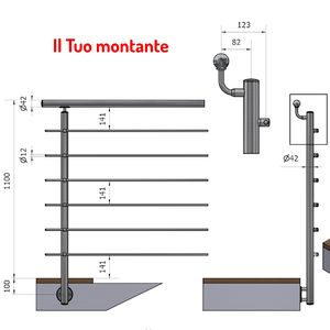 Main courante décalée UPRIGHT 42.4mm avec 6x traverse en acier inoxydable AISI 304 satiné Hauteur de fixation Latera-SKU P110132-6X - Product Image 1