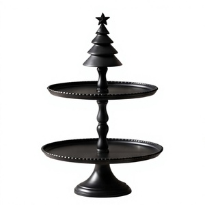 Seasonal Festive 2 Layer Black Metal Cake <b>Stand</b> Beaded Serving Tray Christmas Tree Finial Handle <b>Afternoon</b> <b>Tea</b> Display <b>Stand</b> - Product Image 1