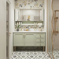 Meuble de salle de bain de luxe léger à la française, combinaison chêne et surface solide, vasque intégrée, lavabo sur pied
