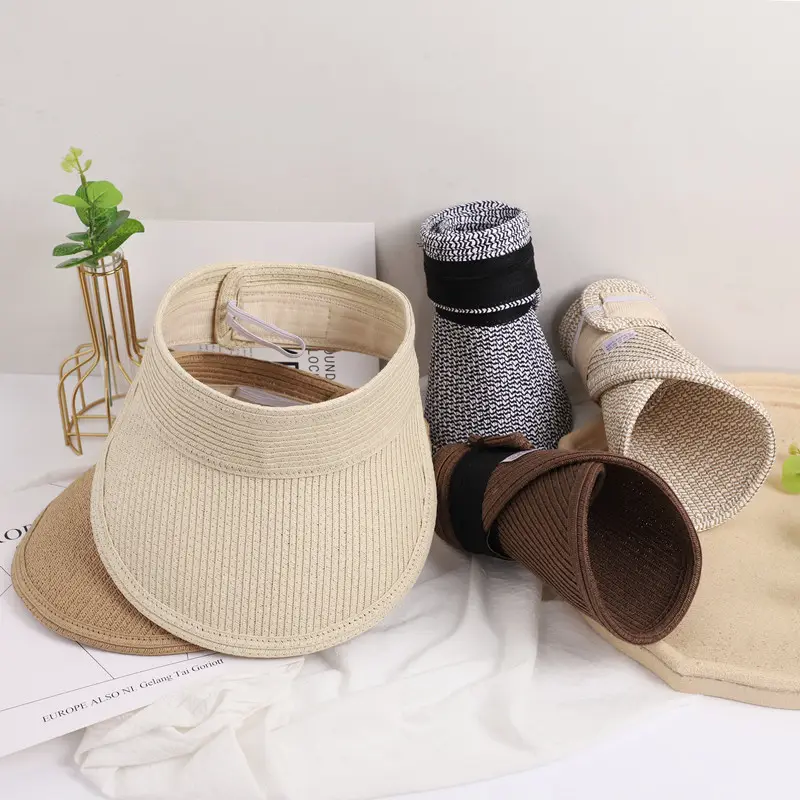 หมวกฟางกระดาษพับได้สำหรับผู้หญิงหมวกกันแดดชายหาดฤดูร้อน