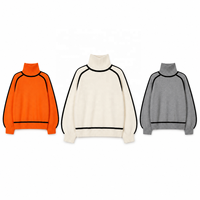 Pull en maille surdimensionné à col montant personnalisé avec logo pour femme, automne-hiver, manches longues, passepoil contrastant, vente en gros