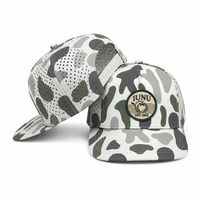 Topi Baseball 5 Panel Laser Camo Logo Kustom Berkualitas Tinggi dengan Patch Bordir 3D Snapback untuk Golf, Memancing, dan Berburu di Luar Ruangan