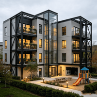 Solutions de construction de bâtiments d'appartements préfabriqués à plusieurs étages en structure acier, bâtiments d'appartements préfabriqués à ossature acier