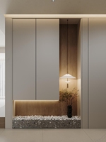 Meuble d'entrée de luxe léger à bords incurvés avec zone de rangement fermée pour ensemble de décoration de hall d'appartement en immeuble de grande hauteur