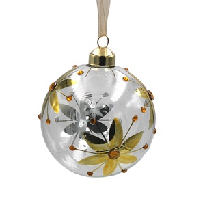 Fábrica Atacado Soprado Fita De Seda Xmas Árvore Pendurado Claro Natal Vidro Ornamento Bola Pintados À Mão Flores De Ouro FESTIVAL 8cm - Product Image 1