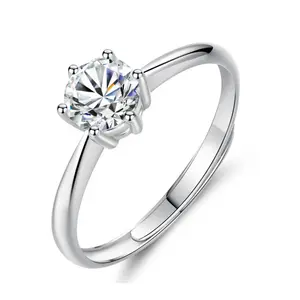 简单设计6插脚14K白金CZ钻石戒指1ct 6.5毫米结婚戒指可调订婚戒指925英镑银