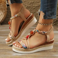 Nouvelles sandales compensées perlées pour femmes 2024 – Chaussures d'été à talon haut et semelle épaisse en corde de chanvre tressée, très tendance