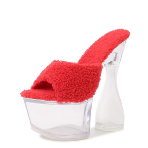 Crystal Thick High Heel Shoes Summer Sexy <b>Sandals</b> for Lady Outdoor Slides Slip-on Round Toe Soft Fur Slipper - Product Image 4