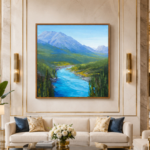 Peinture à l'huile sur toile peinte à la main, thème automne <span class=keywords><strong>au</strong></span> bord du lac, lac turquoise, arbres dorés, montagnes bleues, texture, décoration murale, vente en gros - Product Image 5