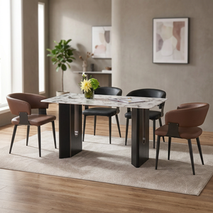 Ensemble de table à manger rectangulaire moderne avec plateau en pierre et pieds en métal, 6 places, design mid-century, meubles de salle à manger stables - Product Image 1