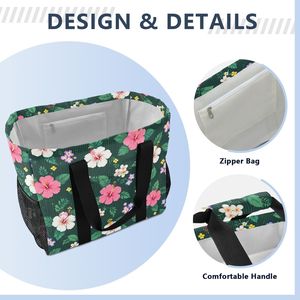 Sacs d'épicerie réutilisables à imprimé floral d'hibiscus, très demandés, sacs de shopping hawaïens de grande capacité avec poches latérales en filet - Product Image 5