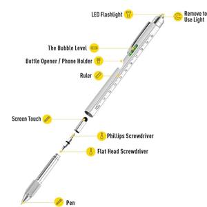 Lampe à <span class=keywords><strong>LED</strong></span> multifonctionnelle en métal Échelle de 0.7mm Largeur d'écriture Stylo à bille Ouvre-bouteille Tournevis Règle Niveau de lumière <span class=keywords><strong>LED</strong></span> Stylo - Product Image 3