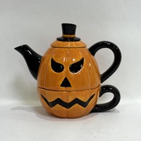 Arbre d'Halloween en céramique moderne peint à la main de 7 pouces, noir, avec un dessus de citrouille éclairé par LED pour les décorations de fantômes et de squelettes