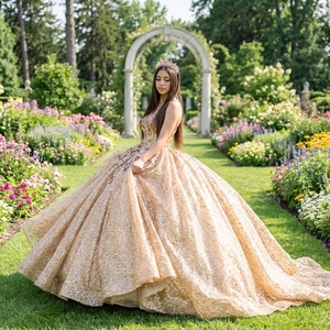 Vestido de Quinceañera Dy1540 Color Champán Dorado, Sin Tirantes, con Cuentas, Tul Brillante, Apliques Florales, Jancember - Product Image 1