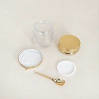Pot en verre cosmétique de luxe en gros, 30g, 50g, 80g, 100g, doré, pour crème visage et soins de la peau, avec base dorée et cuillère