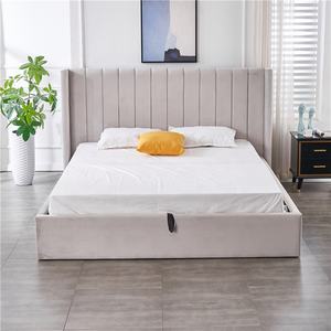 Verticale Strepen Hoge Hoofdeinde Met Vleugels Fluwelen Stof Zacht Slaapkamer Meubels Double Twin Opslag Bed Frame - Product Image 3