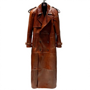 Men's Long Double Breasted Leather Trench Coat Turn-<b>down</b> Collar Embossed Waterproof Workwear Style Autumn Wear - Product Image 1